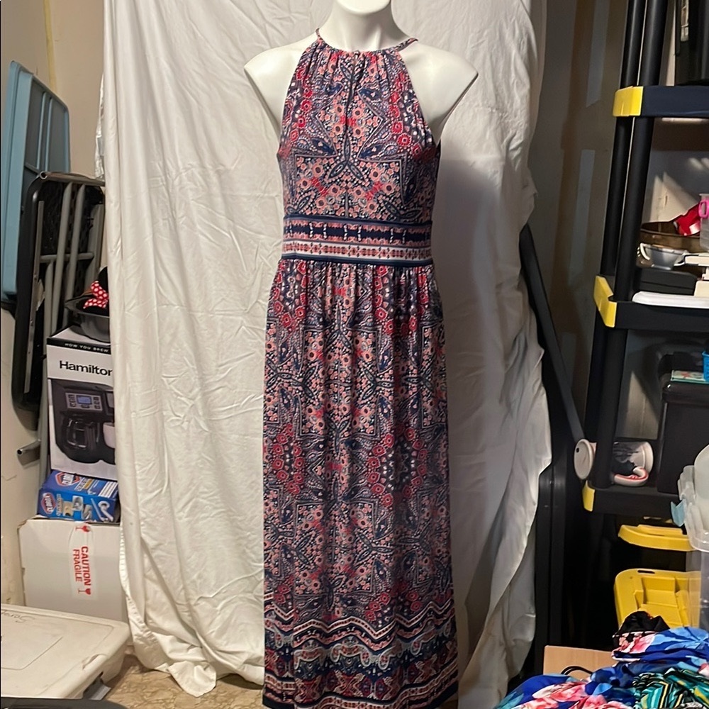 Elegant Blue and Pink Maxi Dress